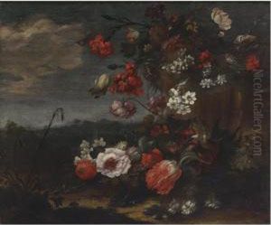 Still Life Of Roses, Tulips, Narcissus And Other Flowers In A Landscape by Bartolomeo Ligozzi