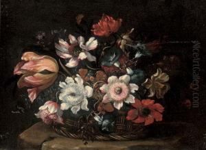 A Tulip, Morning Glory, Roses And Other Flowers In A Wicker Basket On A Stone Ledge by Bartolomeo Ligozzi