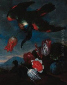 A Carnation, Tulips And Plums With A Parakeet Holding A Tulip In Alandscape by Bartolomeo Ligozzi