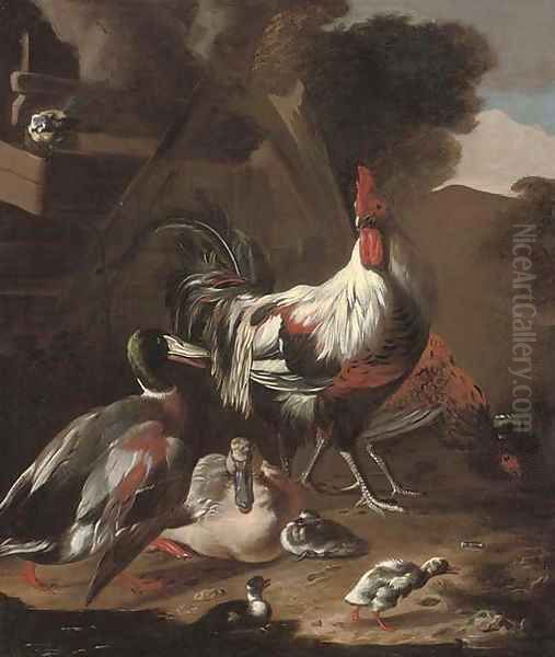 A cockerel, hen, ducks, chicks and blue tit in a farmyard - view 1
