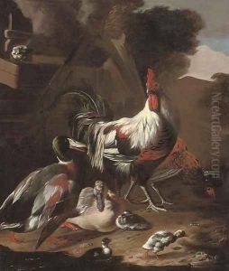 A cockerel, hen, ducks, chicks and blue tit in a farmyard