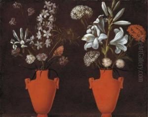Two Red Vases With Lilies, Carnations, An Iris, Verbena And Other Flowers by Giacomo (or Jacopo) Tarchiani