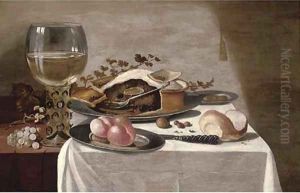 A pie on a pewter plate, a giant roemer, peaches on a pewter plate by Pieter Claesz