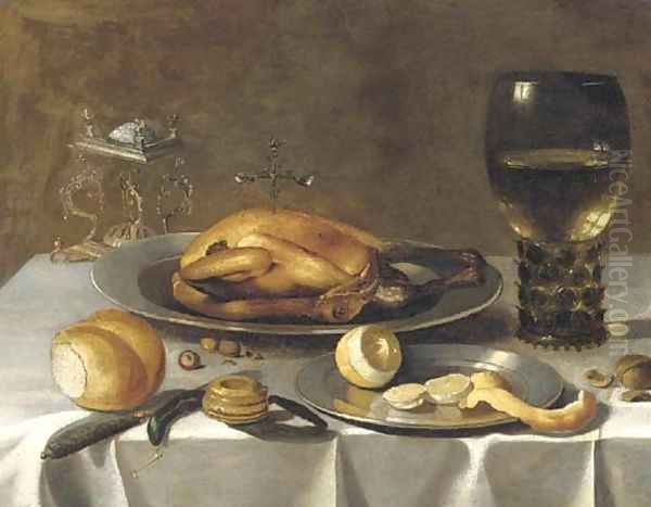 A roemer of wine, a turkey and a partly-peeled lemon on pewter dishes, bread and hazelnuts on a draped table - view 1