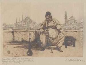 Schischaraucher Vor Orientalischer Stadtsilhouette by Ephraim Moshe Lilien