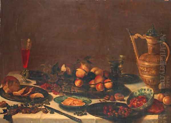 Pears, apples, apricots, prunes, cranberries, blueberries, cherries and strawberries on pewter plates, butter on a wan-li dish - view 1