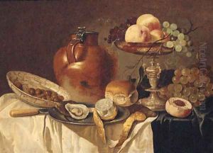 An oyster and a peeled lemon on a pewter plate by Pieter Claesz