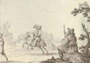 A seated musketeer saluting a cavalier on a track by Athon Crussens