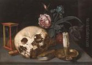 A Vanitas Still Life With A 
Skull, An Hourglass, A Recorder, Acandle And Candlestick And Mixed 
Flowers On A Table