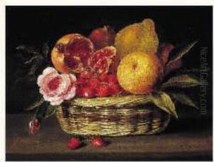 Nature Morte Aux Fraises, Citrons, Roses Et Grenades Dans Une
 Corbeille D'osier Sur Un Entablement