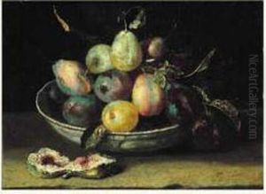 Prunes, Poires Et Figues
 Huile Sur Panneau Signee En Bas A Droite