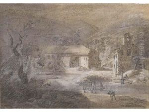 Un Paysage Avec Une Ferme, Une Eglise Et Des Personnages by Jean Antoine Linck