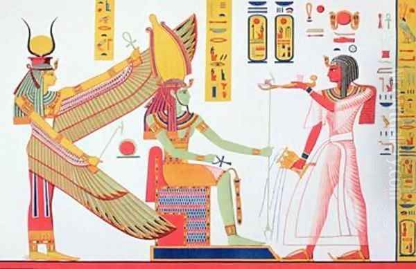 Ramesses IV 1153-1147 BC offering incense to Isis and Amon Re seated on a throne - view 1