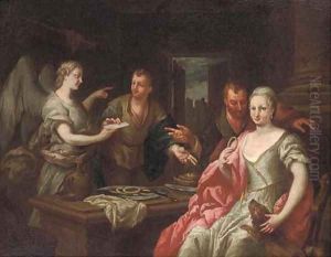 An Angel appearing as a messenger to a family in an interior by Giacomo Ceruti (Il Pitocchetto)