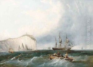 A frigate weaving through small craft off a lofty headland by James Wilson Carmichael
