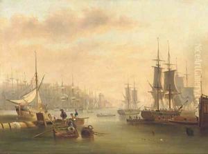 Hustle and bustle and a forest of masts in a port by John Wilson Carmichael