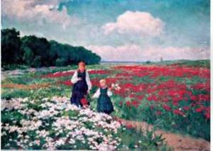 Deux Filles Dans Les Champs Fleuris by Emil Lindemann