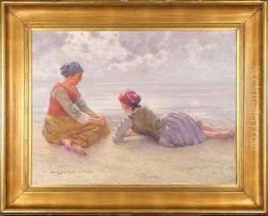 Flickor Pa Strand, Signerad Och Daterad Emil Lindgren La Manche 1901 by Emil Lindgren