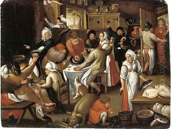 Peasants feasting and making music in an inn - view 1