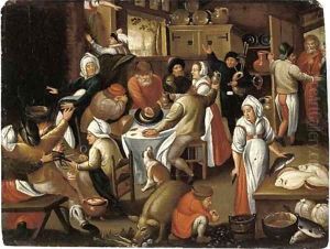 Peasants feasting and making music in an inn by Marten Van Cleve