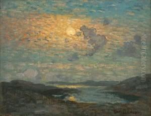 Landscape - "moonlight" Titled
& Dated 1915 On Label Affixed Verso S L/r: Carl Lindin O/b 8x10 by Carl Olaf Eric Lindin