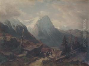 Travellers In An Alpine Landscape by Johann Wilhelm Lindlar