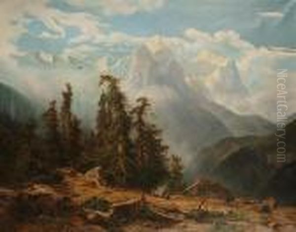 Alpine Scene, With Snow Covered Mountains And An Encampment In The Foreground - view 1