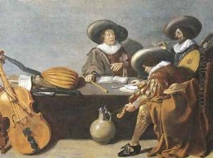 Officers smoking and music-making in an interior