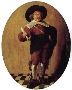 An officer, standing small full-length, holding a document in his right hand