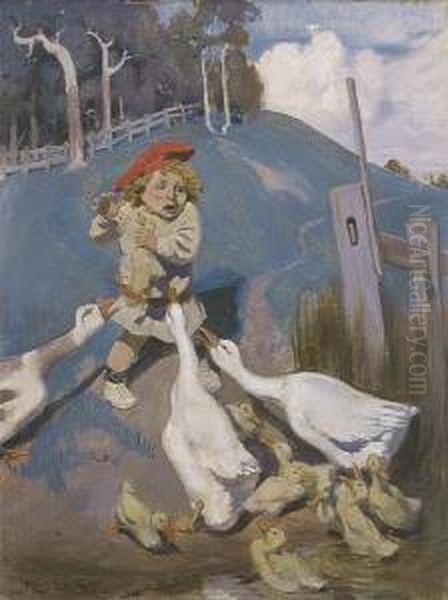 Young Child With Goose And Ducks - view 1