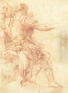 Two seated men gesturing to the left (recto); A study of a horse (verso) by Polidoro Da Caravaggio (Caldara)