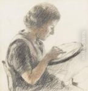 Frau Am Sticken by Carl August Liner