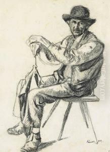 Sitzender Bauer Mit Regenschirm. 1909.