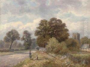 Young girls beside a country road with a church beyond by Enoch Crosland
