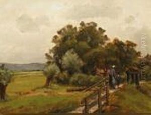 Mother And Child Crossing A Bridge by Henri Linguet