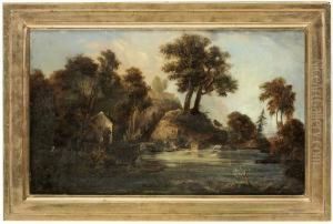 Romantiskt Flodlandskap Med Figurer by Jonas Carl Linnerhjelm