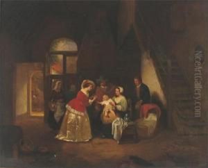 A Cottage Interior With A Family Receiving Visitors