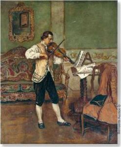 Violinist In Bourgeois Interior. Panel. Signed And Dated W Linnig 1876. by Willem Linnig