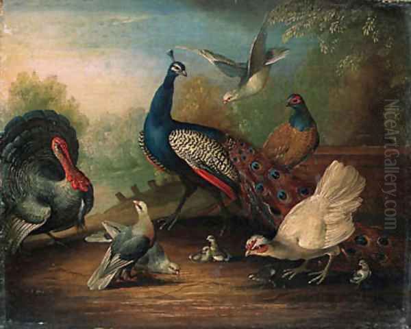 A Peacock, a Turkey, a Hen, Doves, Chicks and a Pheasant by a Lake - view 1