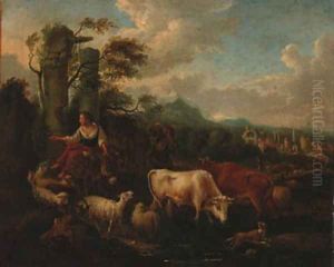 A drover with cattle, sheep and a dog fording a stream in an Italianate landscape by Michiel Carree