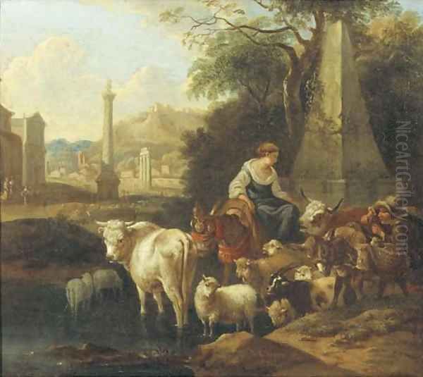 An Italianate landscape with shepherds and their cattle by a fountain 2 - view 1