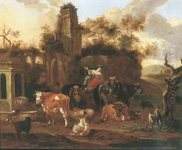 An Italianate landscape with shepherds and their cattle near a ruin - view 1