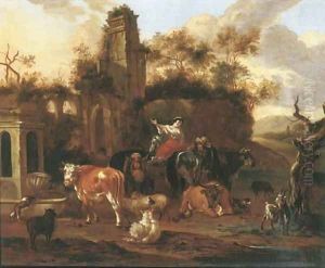 An Italianate landscape with shepherds and their cattle near a ruin by Michiel Carree