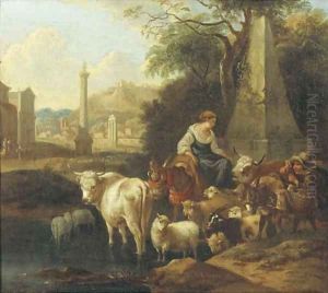 An Italianate landscape with shepherds and their cattle by a fountain by Michiel Carree