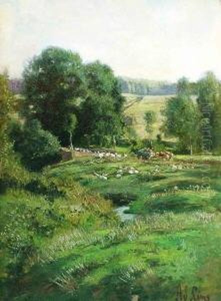 Weite Sommerlandschaft Mit
Ganseschar Und Fuhrwerk. Ol Auf Malkarton. 49 X 37 Cm. Rechts Unten
Signiert. Gerahmt. Kleiner Partieller Farbverlust. - view 1