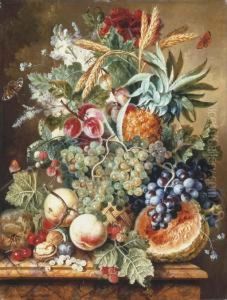 A Pineapple, Plums, Grapes And 
Other Fruit And Flowers In A Basketwith A Melon, Peaches, Cherries, 
Raspberries And Other Fruit On Amarble Ledge