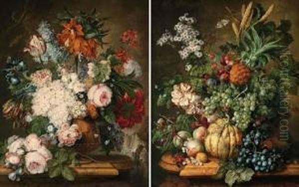 A Crown Imperial Lily, Tulips,
Hydrangea, Lilac, An Iris, Paeonies, Auricola, Convolvuli And Other
Flowers In An Urn With A Spray Of Roses On A Marble Pedestal; And
Grapes, Plums, Wild Strawberries, Daisies, Roses, And Corn In A Basket
With A Melo - view 1