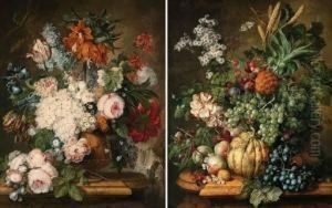 A Crown Imperial Lily, Tulips,
Hydrangea, Lilac, An Iris, Paeonies, Auricola, Convolvuli And Other
Flowers In An Urn With A Spray Of Roses On A Marble Pedestal; And
Grapes, Plums, Wild Strawberries, Daisies, Roses, And Corn In A Basket
With A Melo by Johannes or Jacobus Linthorst