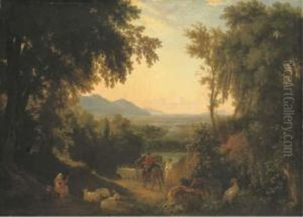 An Italianate Landscape, With Peasants And Livestock In Theforeground - view 1