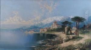 North Italian Lake Scene With Villas And Snow Capped Mountains by William Linton